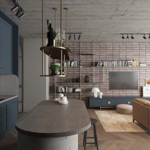 ozdobny beton w salonie; niebieskie frony w kuchni