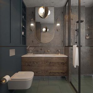 zabudowa loftowa w łazience; niebieska ąlzienka; stylowa łazienka